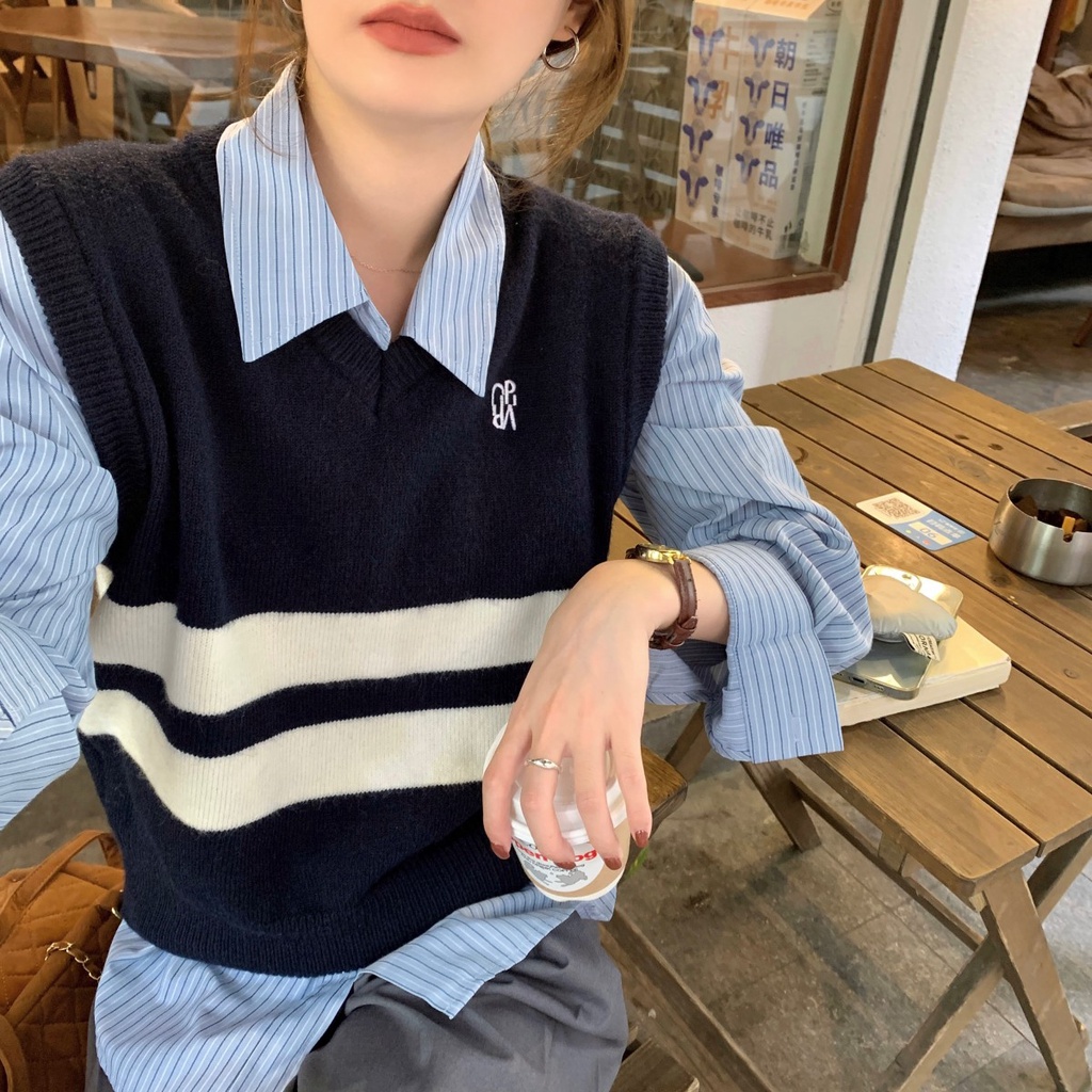 Áo sweater Dệt Kim Sát Nách Cổ Chữ v Phối Màu Thời Trang Thu Đông 67848