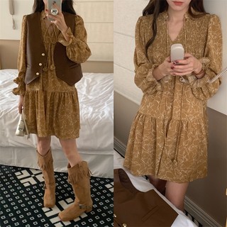68324 retro Áo vest Da / Váy Hoa Dài Tay