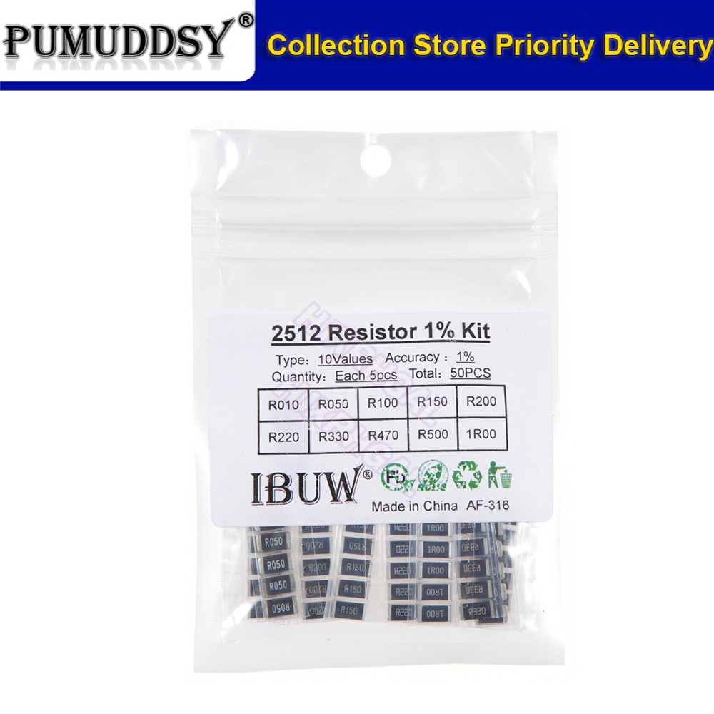 Bộ 50 Mẫu Điện Trở 1% 2512 SMD 10ValueX5 CÁI = 50 chiếc 1R00 R500 R470 R330 R220 R200 R150 R100 R050