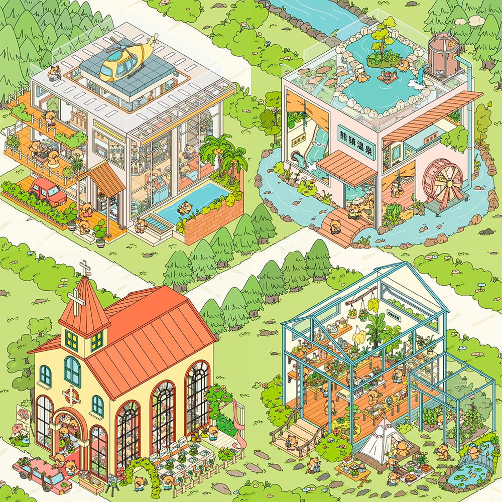 Enwei 4 Cái [Bear Town Series] 2.5D Cảnh Quan Deco Miếng Dán Hai Lớp Chống Thấm Nước Giấy Thêu Sò Ch