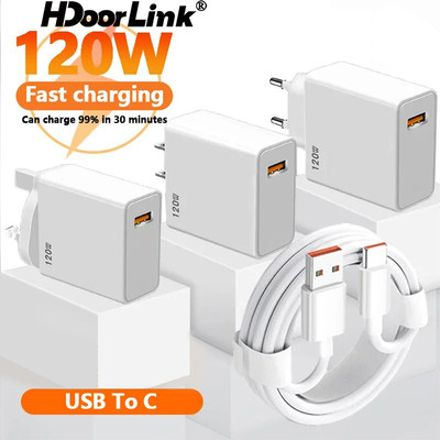 Bộ sạc nhanh HdooLink 120W 6A Bộ sạc USB Type-C Cáp sạc tiêu chuẩn Vương quốc Anh cho Bộ chuyển đổi nguồn Xiaomi Huawei Oppo