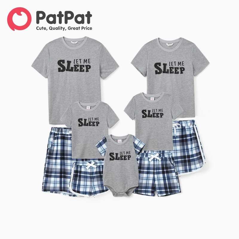 Bộ đồ ngủ cặp đôi gia đình Patpat Let Me Sleep Print Slogan Quần dây rút kẻ sọc xanh hàng đầu (Chống