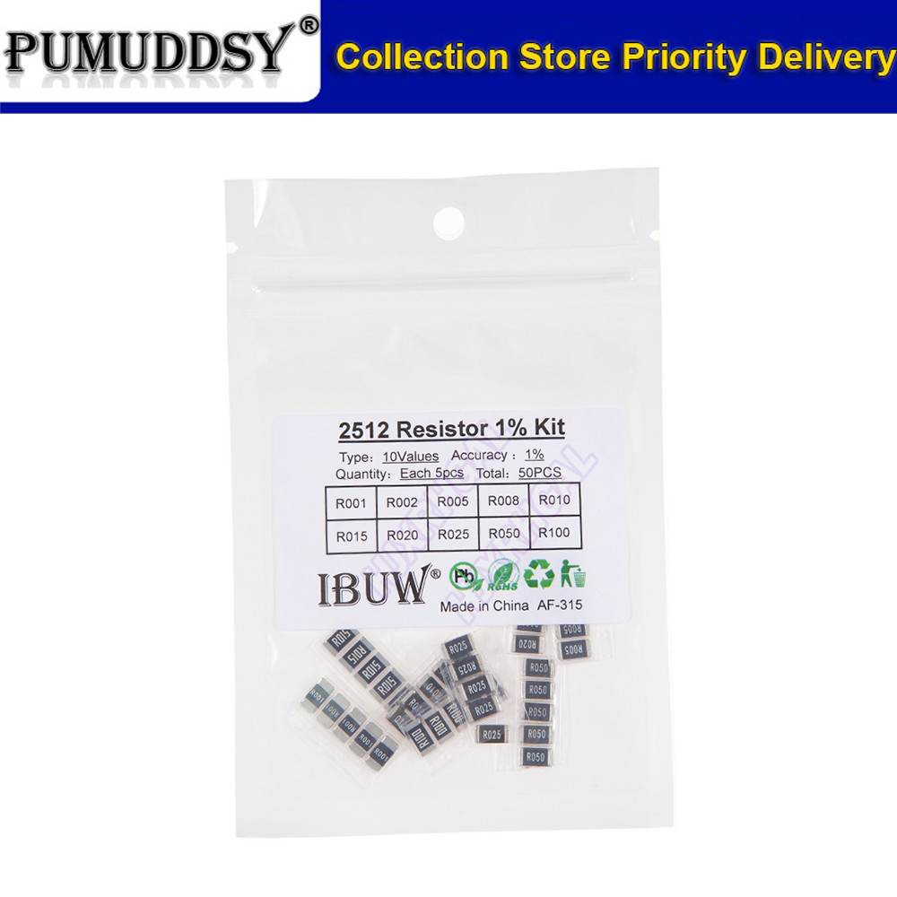 Bộ 50 Mẫu Điện Trở Hợp Kim 2512 SMD, 10 LoạiX5 Chiếc = 50 Chiếc R001 R002 R005 R008 R010 R015 R020 R