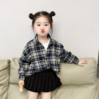 [Sản phẩm mới] Phong cách mùa xuân thu cho bé gái Áo sơ mi kẻ sọc đen màu xanh cổ điển Trẻ em có ve áo Cardigan dài tay Áo sơ mi bé gái