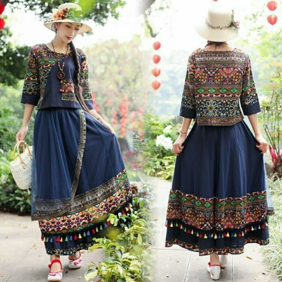 Phong Cách Trung Hoa Tsujiang Lijiang Vân Nam Trang Phục Nữ Phong Cách Dân Tộc Hai Mảnh Phù Hợp Với 