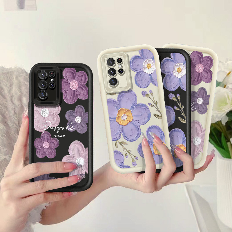 Ins Thời Trang Tranh Sơn Dầu Tím Hoa Ốp Lưng Điện Thoại Samsung Galaxy S21 S22 S23 S24 Ultra S24 Plu