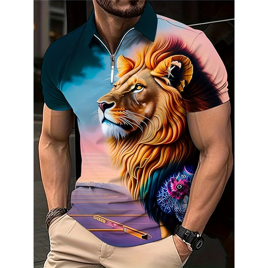 Nam Casual Thoải Mái Dây Kéo Áo Sơ Mi Polo Lion King Thời Trang Golf Quần Vợt Phố