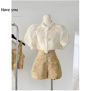 Quần Short Thêu Jacquard Eo Cao Ôm Hấp Dẫn Phong Cách Retro Tinh Tế Ống Rộng Nữ