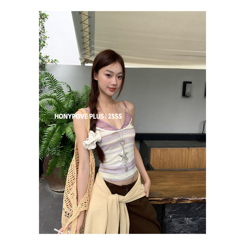 Honypove 2025 Phong Cách Mới Gợi Cảm Cô Gái Nóng Ren Khâu Giả Hai Mảnh Sang Trọng Sling Top Nữ | BigBuy360 - bigbuy360.vn