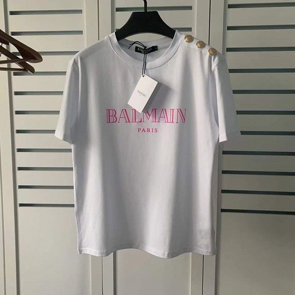 Balmain Hợp Thời Trang Thương Hiệu 2025ss Xuân Hè Mới Balmain Vai Nút Vàng Chữ Nóng Cotton Rời Áo Cặ