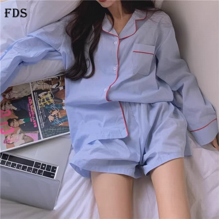 Bộ đồ ngủ và quần short dài tay dành cho nữ phong cách Hàn Quốc FDS INS Loose Cardigan Bộ hai mảnh