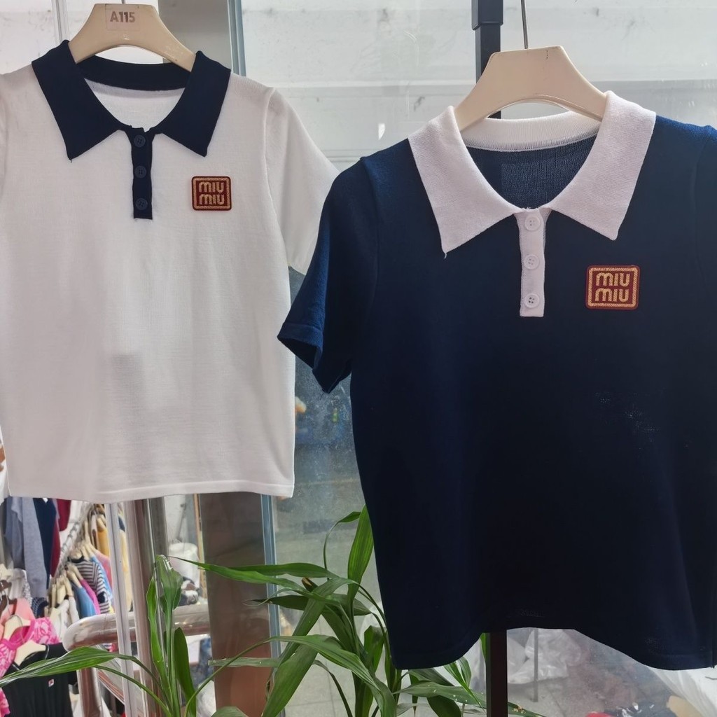 [New _ miumiu] Áo polo ngắn tay thiết kế mùa hè Áo thun dệt kim Niche Polo mới