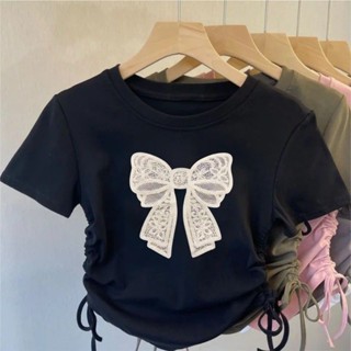 [Tay ngắn] Áo thun ngắn tay bằng lụa băng có dây rút đơn giản in nơ cho bé gái