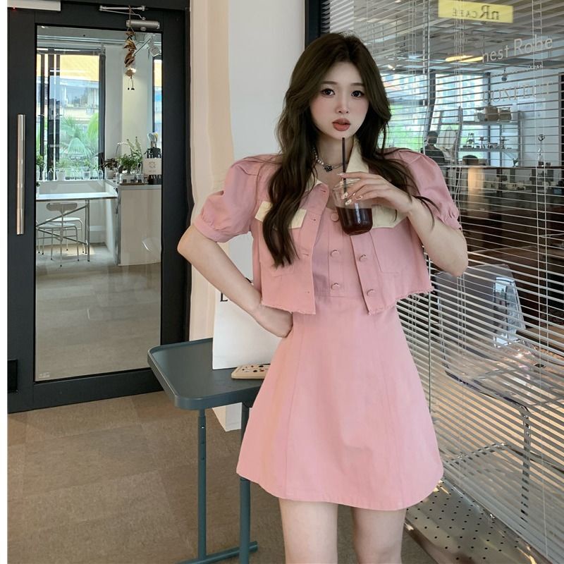 Năm Nay Thịnh Hành Váy Đẹp Giảm Tuổi Dây Đeo Váy Ngắn Áo Sơ Mi Kiểu Pháp Áo Khoác Hai Mảnh Xuân Thu Nữ