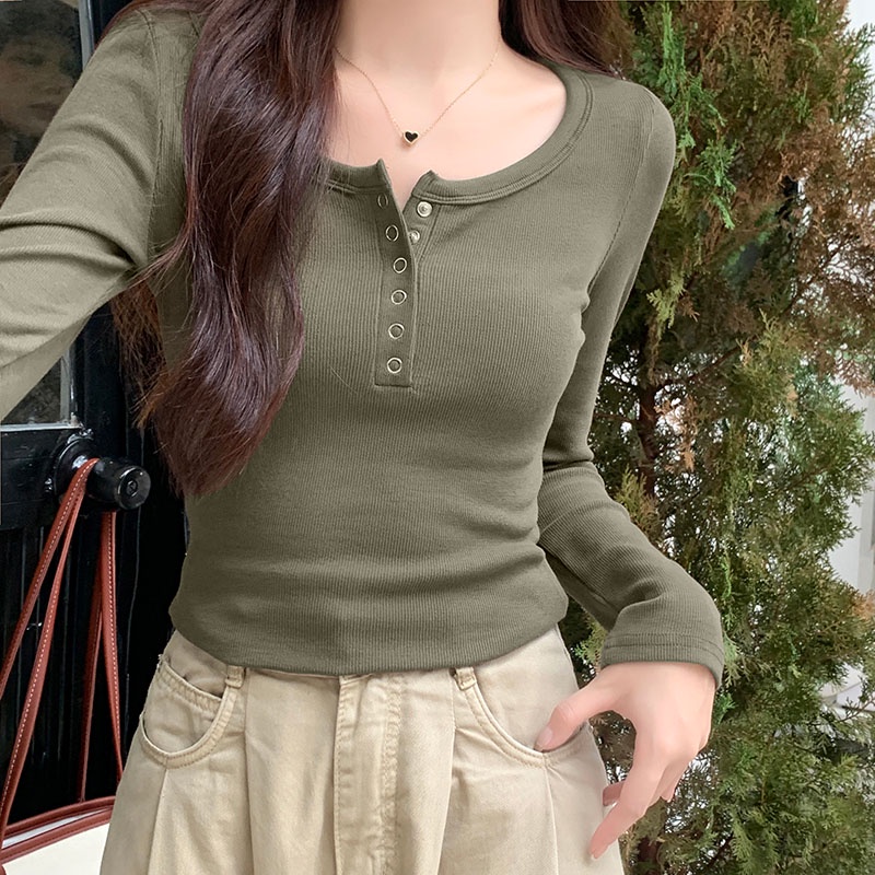 Áo Thun cotton Cổ Chữ u Tay Dài Thời Trang Mùa Thu 67230