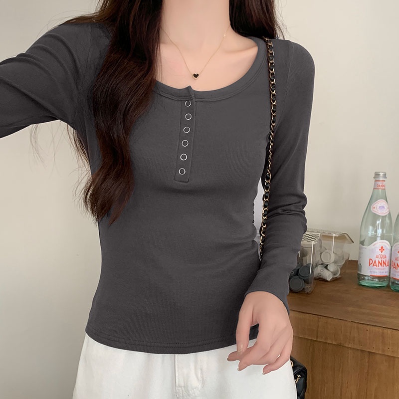 Áo Thun cotton Cổ Chữ u Tay Dài Thời Trang Mùa Thu 67230