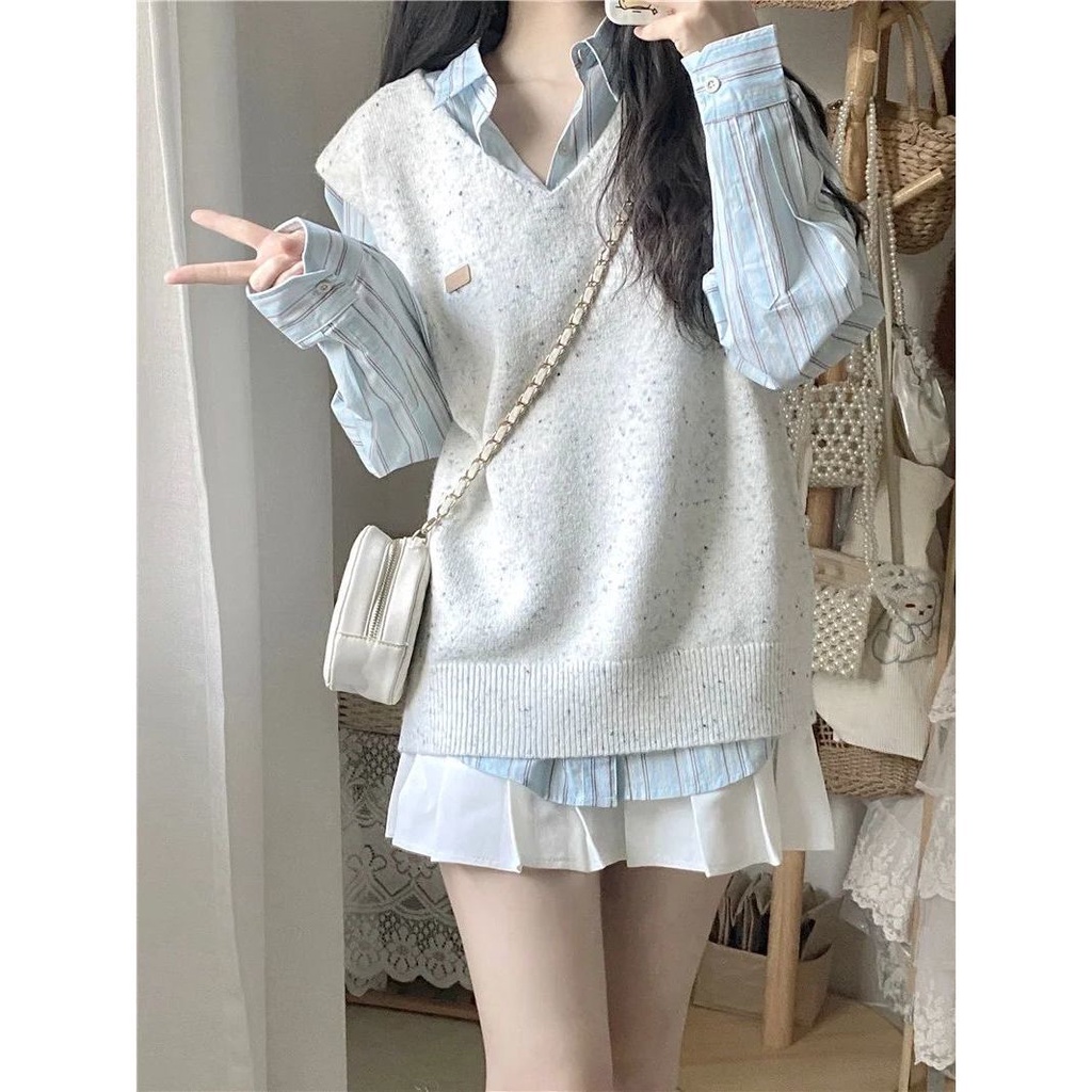 Set Ba Bộ Quần Áo Học Viện ,Áo Ghi Lê Gấp Áo Len+Áo Sơ Mi Sọc Dài Tay Nữ Ngọt Ngào , áo nữ