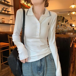 Áo thun polo màu sắc tương phản dáng ôm tay dài vải cotton thời trang 67270
