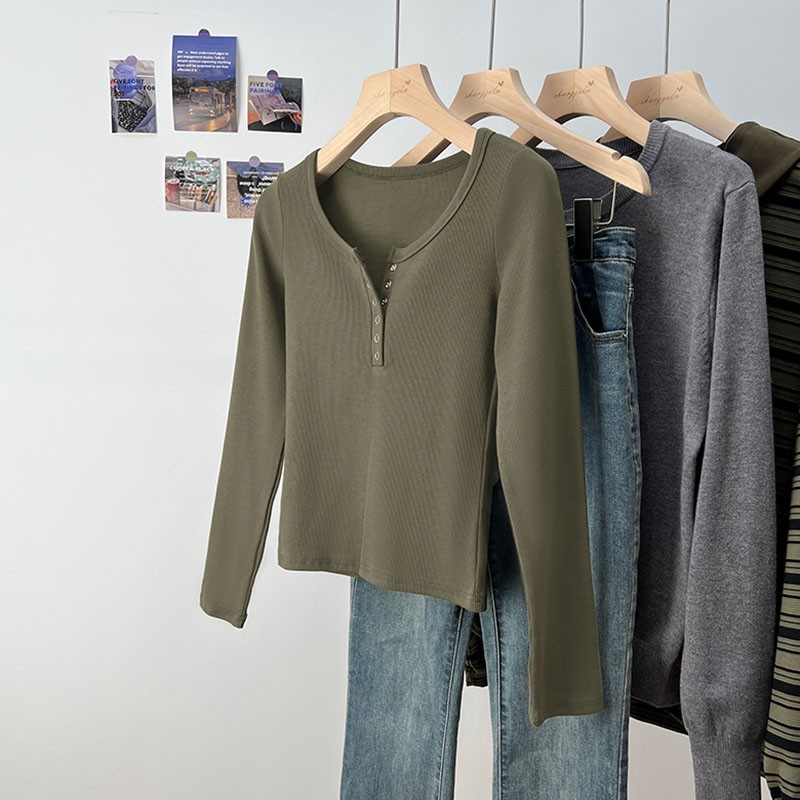 Áo Thun cotton Cổ Chữ u Tay Dài Thời Trang Mùa Thu 67230