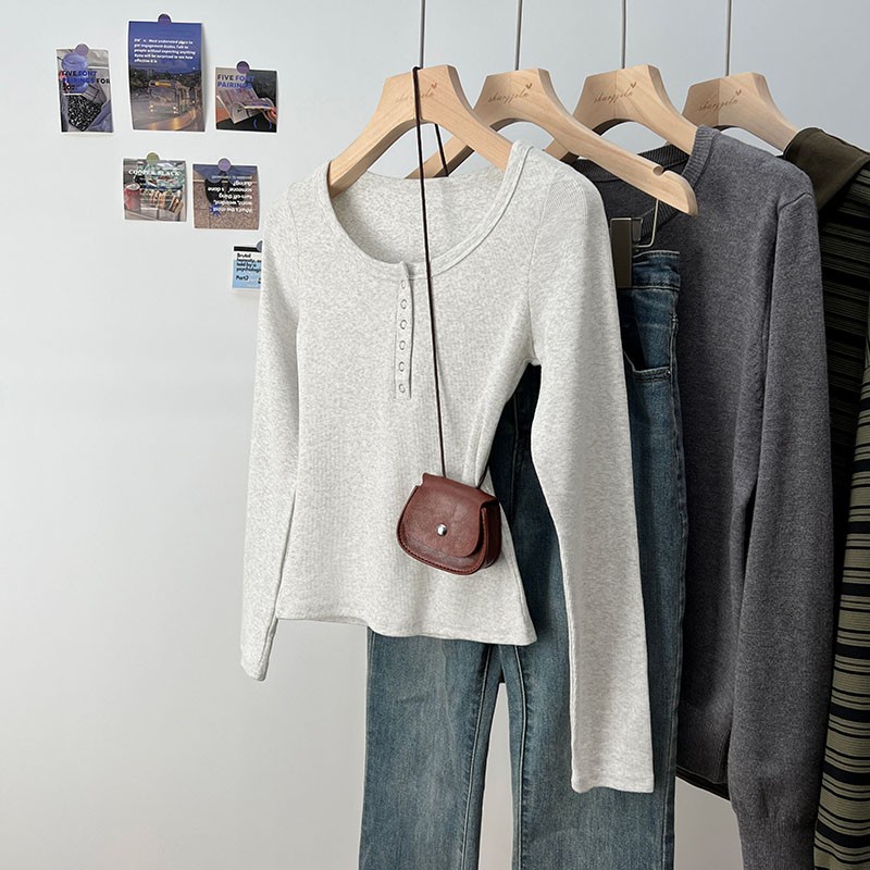Áo Thun cotton Cổ Chữ u Tay Dài Thời Trang Mùa Thu 67230