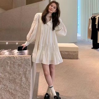 67255 Đầm Dài Tay Xếp Ly Màu Trắng Kiểu Pháp