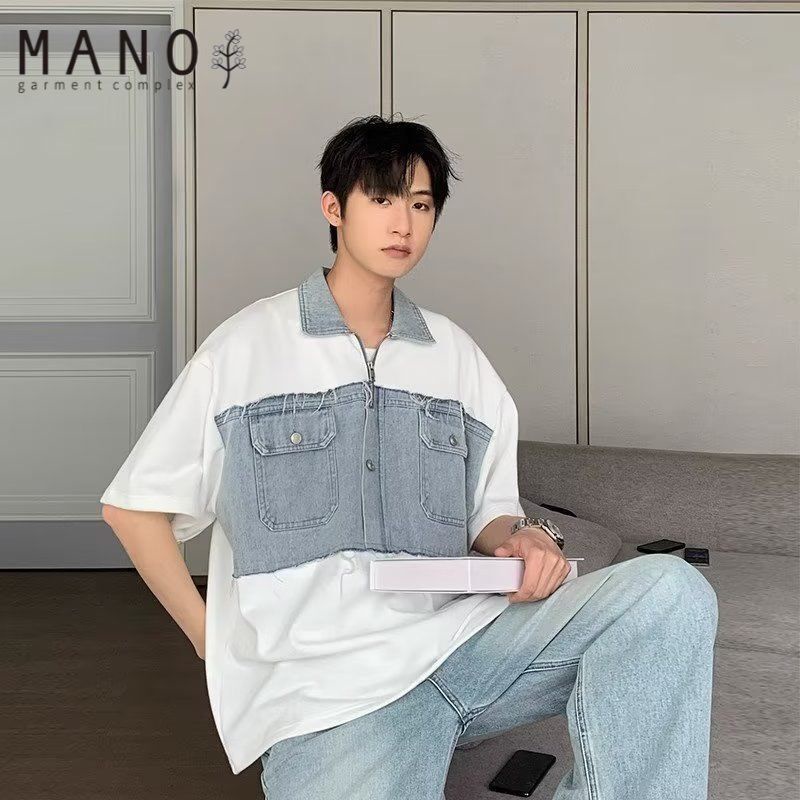 Áo sơ mi nam phối denim MANO Polo Ngắn Tay cho nam, áo nam cổ sơ mi phối denim
