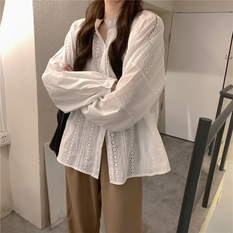 Áo Sơ Mi Dài Tay Cổ Tròn Thêu Họa Tiết Với Thiết Kế Dáng Rộng Xinh Xắn Dành Cho Nữ 6