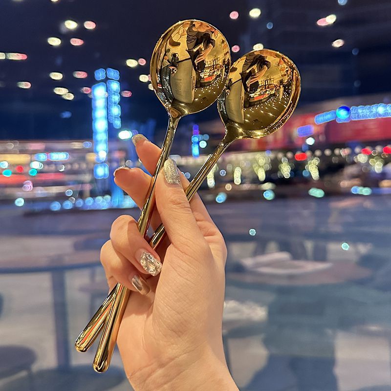 Muỗng Đầu Tròn Bằng Thép Không Gỉ 304 Màu Vàng Phong Cách Phương Tây