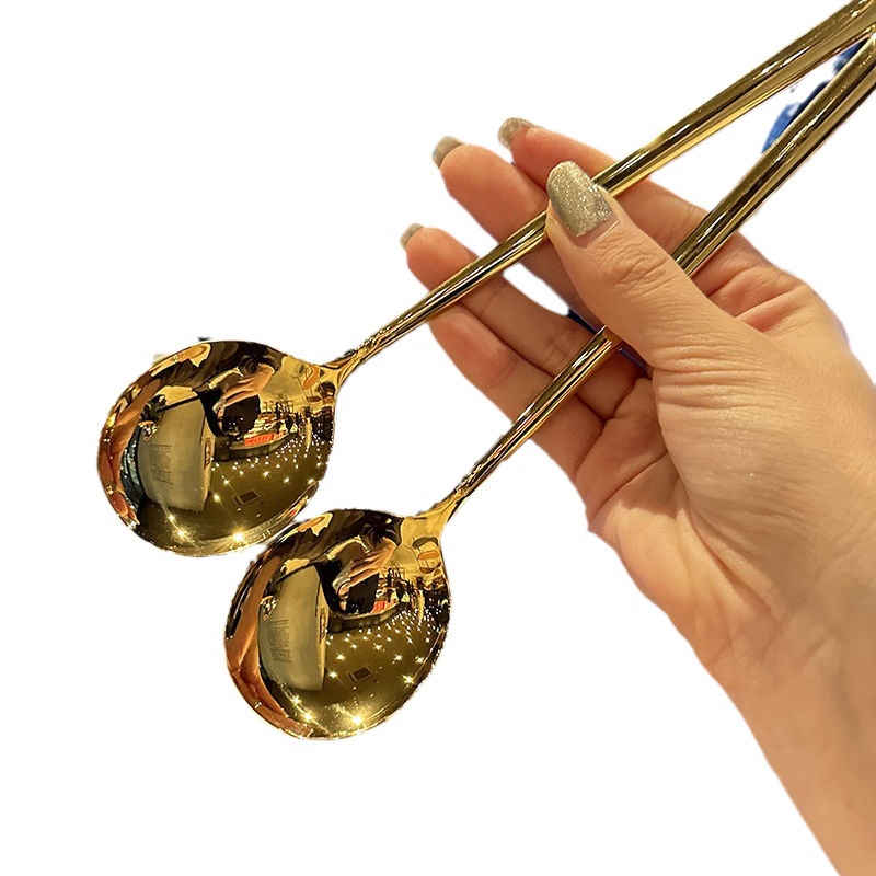 Muỗng Đầu Tròn Bằng Thép Không Gỉ 304 Màu Vàng Phong Cách Phương Tây