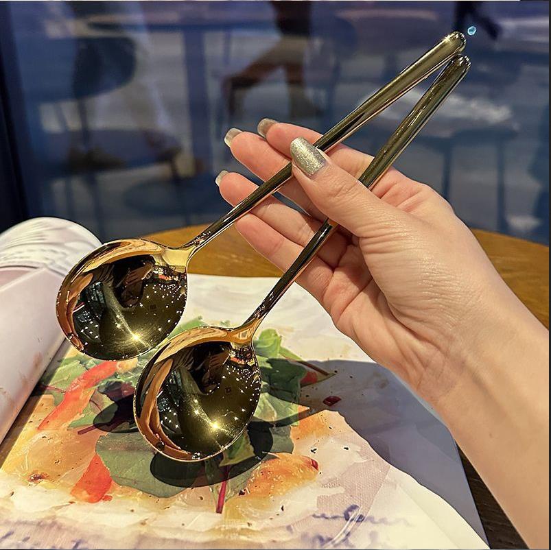 Muỗng Đầu Tròn Bằng Thép Không Gỉ 304 Màu Vàng Phong Cách Phương Tây