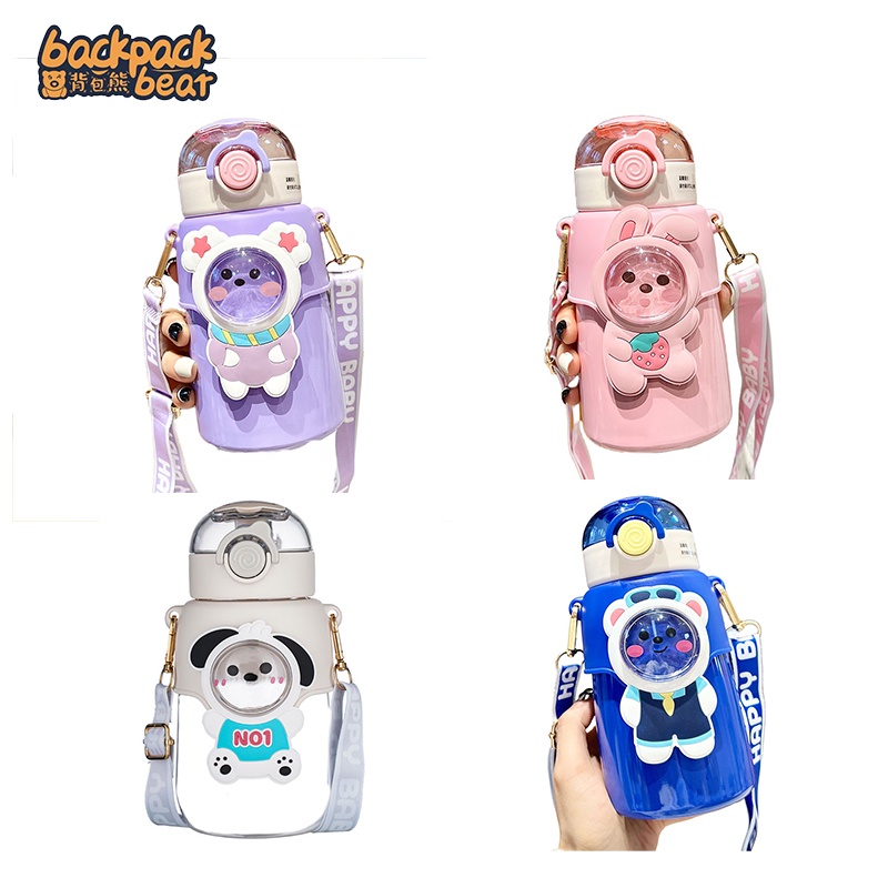 Bình nước cách nhiệt BACKPACK BEAR 316 có ống hút chất liệu cấp thực phẩm phong cách Kuromi My Melody Pochacco Kids