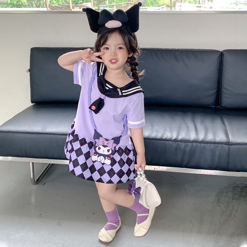 Sanrio Đầm Ngắn Tay Màu Tím Cổ Thủy Thủ Phong Cách kuromi Cho Bé Gái