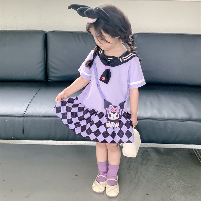 Sanrio Đầm Ngắn Tay Màu Tím Cổ Thủy Thủ Phong Cách kuromi Cho Bé Gái