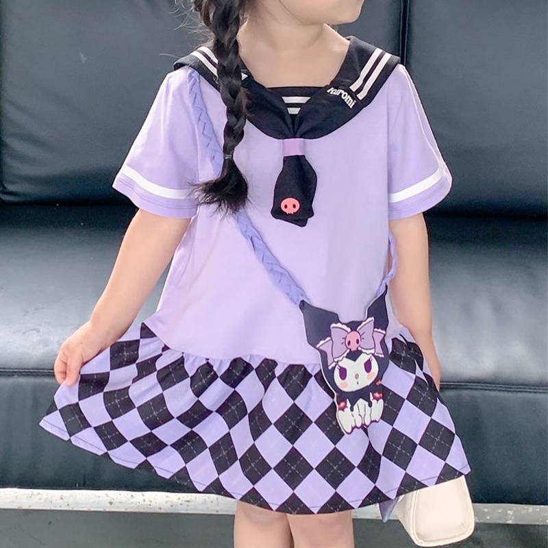 Sanrio Đầm Ngắn Tay Màu Tím Cổ Thủy Thủ Phong Cách kuromi Cho Bé Gái