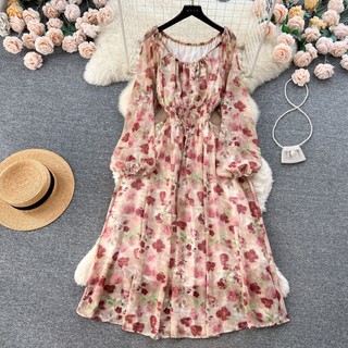 Đầm chiffon Cổ Tròn Tay Dài In Họa Tiết Hoa Thời Trang Mùa Thu Dành Cho Nữ
