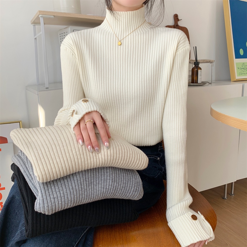 Áo sweater Dệt Kim Cổ Lọ Dáng Rộng Phối Nút Thời Trang Thu Đông 68469