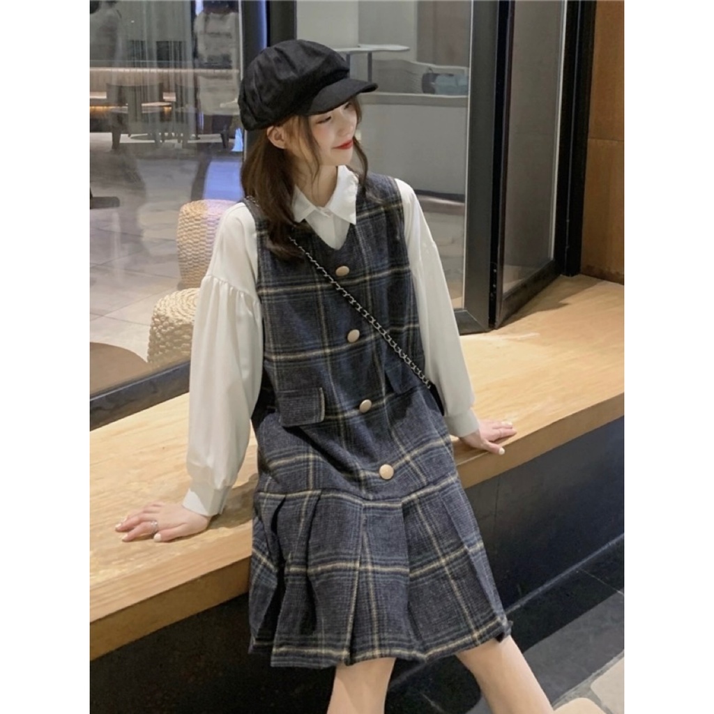 Áo Sơ Mi retro Đơn Giản 68801 Váy vest Len Kẻ Sọc Xếp Ly