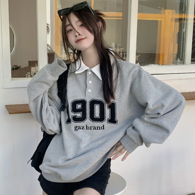 Áo Sweater Tay Dài Cổ polo Thêu Họa Tiết Thời Trang Hàn Quốc Cho Nữ
