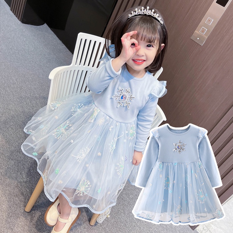 Đầm Công Chúa elsa Thêu Ren Tay Phồng Thời Trang Cho Bé Gái 2-9 Tuổi