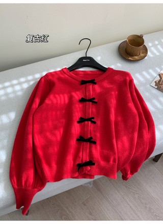 Áo len cardigan thắt nơ đỏ giáng sinh / váy xếp ly màu đen 68957 cho nữ / váy xếp ly / áo len giáng sinh 68957