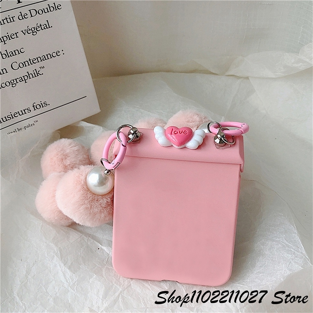 Dễ Thương Ốp Điện Thoại Hình Trái Tim Đôi Cánh 3d Đính Ngọc Trai Phối Bóng Lông Cho galaxy zflip5 5g z flip5 flip5 zflip5