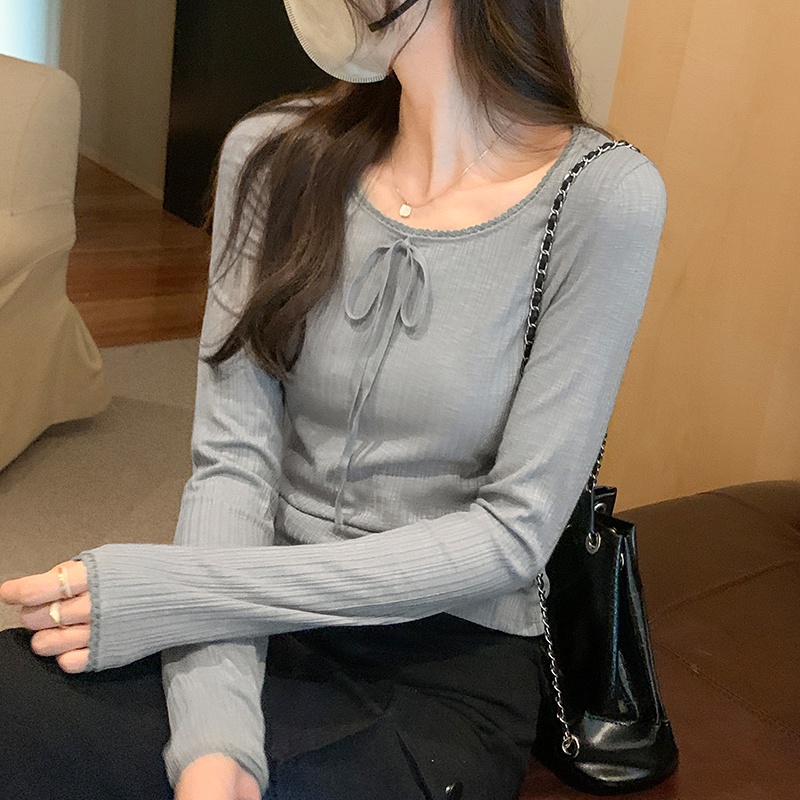 Áo Thun Tay Dài Cổ Thắt Nơ Phối Ren Mỏng Thời Trang 68248 68248