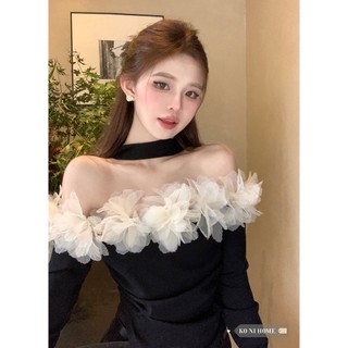 Áo Dài Tay Trễ Vai Đính Hoa Phối Dây Choàng Cổ Siêu Tiểu Thư Sang Chảnh
