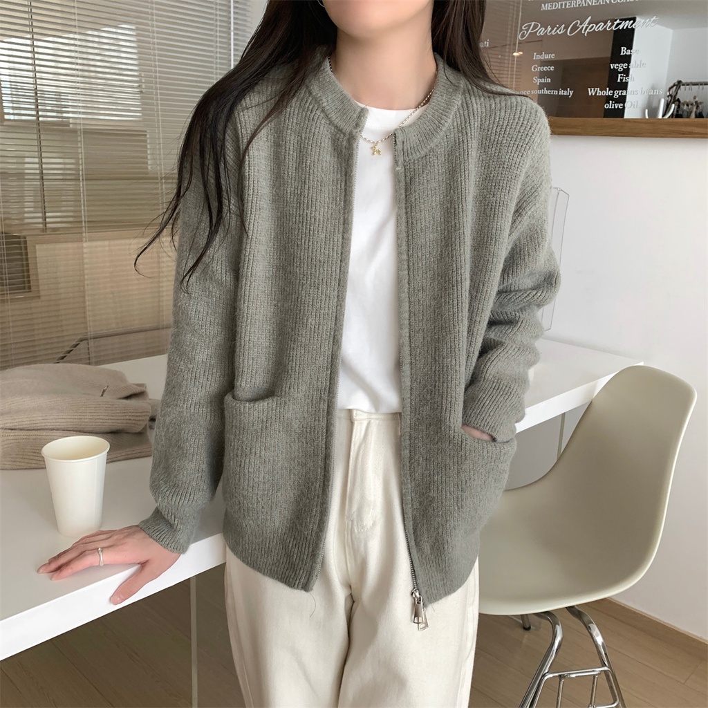 Áo Khoác sweater Dệt Kim Dáng Rộng Phối Khóa Kéo Thời Trang Thu Đông 68264