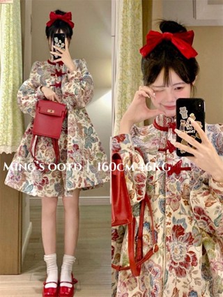 Đầm Búp Bê Dài Tay Phồng, Dáng Rộng, Cổ Trụ Đính Nơ Bướm, Họa Tiết Hoa Thổ Cẩm Kiểu Dáng Công Chúa Trung Hoa Dễ Thương