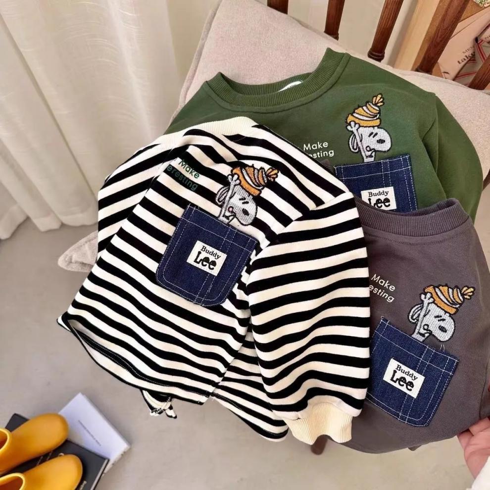 Áo Thun Tay Dài Kẻ Sọc Phối Túi Hoạ Tiết Hoạt Hình Thời Trang Xuân Thu Cho Bé
