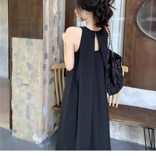 Đầm Suông Midi Sát Nách Xếp Li Cổ Dáng Dài Hở Lưng Phong Cách Vintage Hàn Quốc