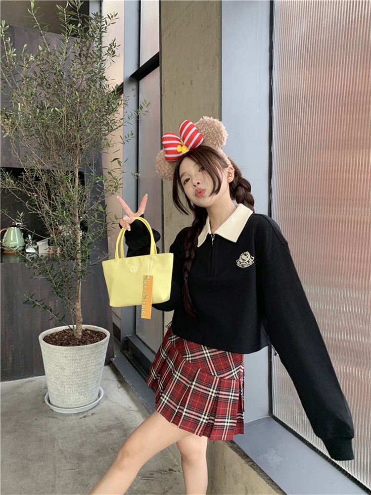 Áo sweater Tay Dài Cổ polo Thêu Họa Tiết Màu Sắc Tương Phản Phong Cách Hàn Quốc Cho Nữ