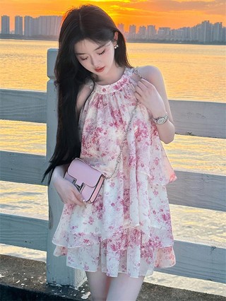 Váy Ngắn Ngọt Ngào Gió Không Tay Treo Cổ Hoa Đầm Mùa Hè Mới Nhất Nhỏ Bé Bờ Biển Nghỉ Mát Tuyệt Đẹp