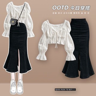 Set áo sơ mi tay loe, váy đuôi cá xẻ tà